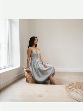 Lurdes Bergada Bubble Hem Midi Dress Taupe Stone 100% Lyoncell Size L NWT